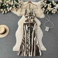 Mixed Fabric Waist-controlled One-piece Dress & skinny style Solid gold PC