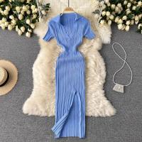 Mixed Fabric One-piece Dress deep V & side slit & breathable & skinny style stretchable striped : PC