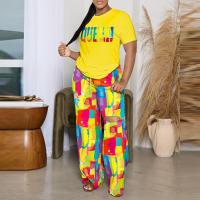 Polyester Women Casual Set & two piece & loose Long Trousers & short sleeve T-shirts printed letter Set