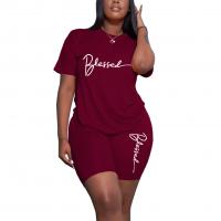 Polyester Women Casual Set & loose short & short sleeve T-shirts printed letter Set