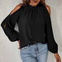 Polyester Women Long Sleeve Blouses & loose patchwork Solid black PC