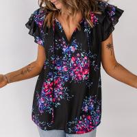 Polyester Women Short Sleeve T-Shirts & loose printed shivering black PC