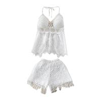 Polyester Women Casual Set see through look & backless & two piece embroider Solid white : Set