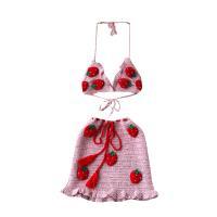 Mixed Fabric Lady Sexy Suit midriff-baring & backless & two piece crochet fruit pattern pink : PC