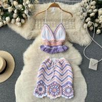 Mixed Fabric Lady Sexy Suit midriff-baring & backless & two piece & hollow crochet floral purple : PC