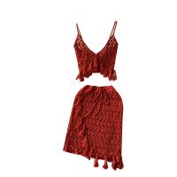 Mixed Fabric Lady Sexy Suit midriff-baring & backless & two piece & hollow crochet Solid red : Set