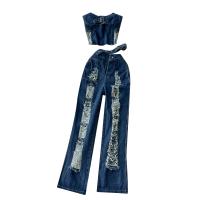 Mixed Fabric Wide Leg Trousers & Ripped Women Casual Set & two piece sanding Solid blue Set