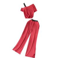 Mixed Fabric Wide Leg Trousers & shoulder slope & Crop Top Women Casual Set & two piece Solid : Set