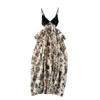 Mixed Fabric Waist-controlled & long style One-piece Dress backless printed shivering black PC