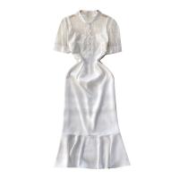 Mixed Fabric Waist-controlled & Soft One-piece Dress see through look Solid white PC