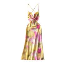 Mixed Fabric Waist-controlled & long style One-piece Dress backless & breathable Tie-dye Solid yellow PC