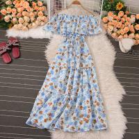 Chiffon Waist-controlled & Soft & Slim & long style One-piece Dress slimming & off shoulder & breathable printed shivering : PC