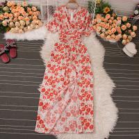 Chiffon Waist-controlled & Soft & Slim & long style One-piece Dress slimming & deep V & off shoulder & breathable printed : PC