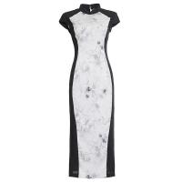 Polyester Waist-controlled & Slim & long style Women Cheongsam side slit & breathable Polyester printed Solid black PC