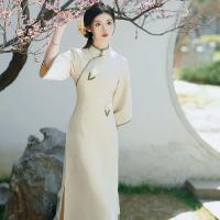 Polyester Waist-controlled & Slim & long style Women Cheongsam side slit & breathable printed Solid Apricot PC