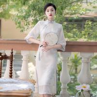 Polyester Waist-controlled & Slim Women Cheongsam double layer & side slit & breathable printed Solid white PC