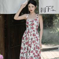 Polyester Waist-controlled & Slim & long style One-piece Dress & two piece & breathable printed floral pink PC