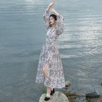 Chiffon Waist-controlled & Slim & long style One-piece Dress side slit & loose & hollow printed shivering gray PC