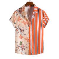 混合ファブリック メンズ半袖カジュアルシャツ パッチワーク 花 オレンジ 一つ
