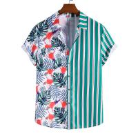 Mixed Fabric Men Short Sleeve Casual Shirt contrast color & loose & breathable printed leaf pattern green PC