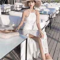 Polyester Waist-controlled One-piece Dress side slit & backless patchwork Solid white PC