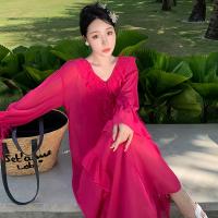 Polyester long style One-piece Dress & loose Solid fuchsia PC