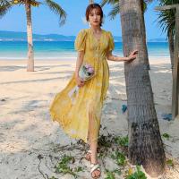 Polyester long style One-piece Dress side slit patchwork Others yellow PC