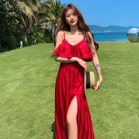 Polyester long style Slip Dress side slit Solid wine red PC