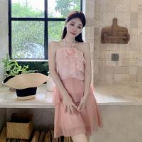 Polyester Slip Dress backless patchwork Solid pink PC