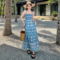 Polyester Waist-controlled & long style One-piece Dress patchwork shivering blue PC