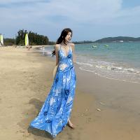 Polyester Slip Dress large hem design & deep V printed floral blue PC
