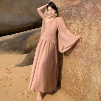 Polyester Waist-controlled One-piece Dress & off shoulder Solid flesh pink PC