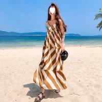 Polyester Slip Dress backless & loose striped khaki PC