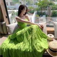 Polyester Waist-controlled Slip Dress & hollow Solid green PC