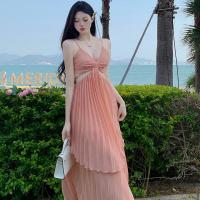 Polyester Waist-controlled Slip Dress backless & hollow patchwork Solid flesh pink PC