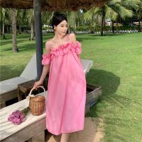 Polyester long style Slip Dress & loose Solid pink PC