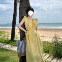 Polyester long style One-piece Dress & loose Solid yellow PC