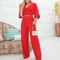 Polyester Women Casual Set deep V & two piece Wide Leg Trousers & top patchwork Solid Set