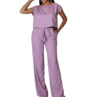Tela de algodón Conjunto casual de las mujeres, Pantalones anchos & parte superior, labor de retazos, Sólido, más colores para elegir,  Conjunto