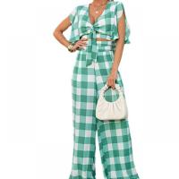 Polyester Women Casual Set deep V & two piece Wide Leg Trousers & top patchwork plaid green Set