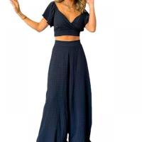 Polyester High Waist Women Casual Set deep V & backless & two piece Wide Leg Trousers & top patchwork Solid Set