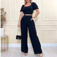 Polyester High Waist Women Casual Set & two piece Long Trousers & top patchwork Solid Set