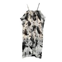 Chiffon Soft One-piece Dress backless & off shoulder & loose & breathable printed floral black PC