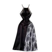 Mixed Fabric Waist-controlled & Soft One-piece Dress asymmetric & loose & breathable & One Shoulder printed Solid black :L PC