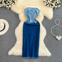 Denim One-piece Dress back split & skinny style & wrapped chest Solid blue PC