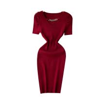 Mixed Fabric Waist-controlled One-piece Dress & hollow & skinny style stretchable Solid : PC