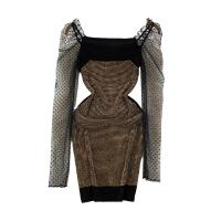 Mixed Fabric Waist-controlled One-piece Dress see through look & breathable & skinny style stretchable patchwork : PC
