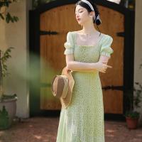 Polyester Soft & Tassels One-piece Dress double layer & breathable patchwork shivering green PC