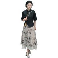 Polyester Soft & long style One-piece Dress double layer & two piece & breathable printed leaf pattern black : Set