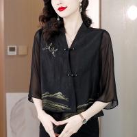Polyester Women Coat see through look & loose & breathable printed Solid black PC